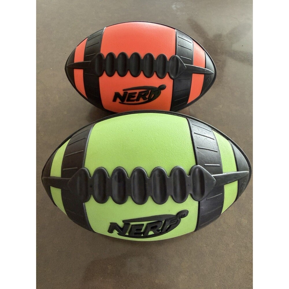 Lot 2 Vtg Nerf Footballs Weather Blitz Orange Green Black Foam 2005 Hasbro